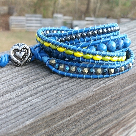 Blue Leather Wrap Beaded Bracelet - Picture 1 of 4
